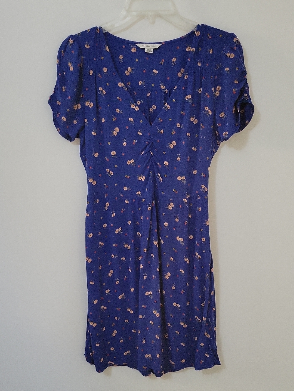 American Eagle Blue Floral V-Neck Short Sleeve Dress, Size Medium